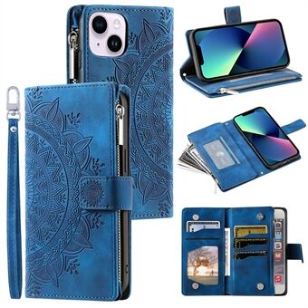 For iPhone 13 mini 5.4 inch PU Leather Mandala Flower Imprinted Wallet Case Multiple Card Slots Magnetic Closure Zipper Pocket Stand Cover with Strap