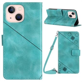 PT005 YB Imprinting Series-7 for iPhone 13 mini Phone Case Imprinted Lines Leather Wallet Stand Cover with Shoulder Strap