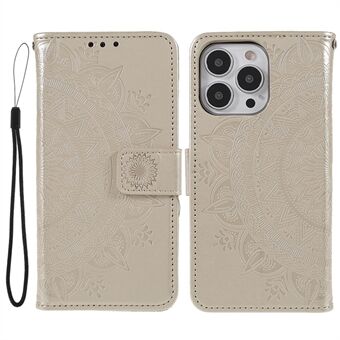 Anti-Scratch Imprinted Mandala Totem Pattern Leather Wallet Flip Protective Case Cover with Strap for iPhone 13 Pro Max 6.7 inch