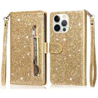 Glitter Sequins Wrist Strap Zipper Pocket Wallet Flip Leather Phone Case with Stand for iPhone 13 Pro Max 6.7 inch