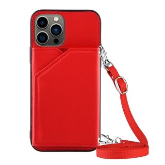PU Leather Coated Skin-Touch Feel TPU Phone Case Card Holder Kickstand Design Protective Cover with Shoulder Strap for iPhone 13 Pro Max 6.7 inch