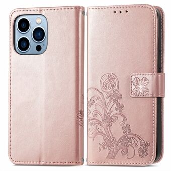 Anti-Scratch Four-leaf Clover Imprinted Premium PU Leather Wallet Stand Flip Case for iPhone 13 Pro Max 6.7 inch