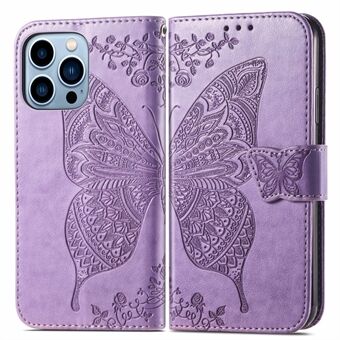 Leather Phone Wallet Case Stand Cover with Imprinting Butterfly Flower for iPhone 13 Pro Max 6.7 inch