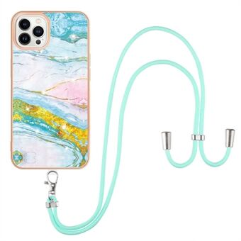 Overall Protection IML IMD Marble Pattern Electroplating Frame TPU Phone Cover Case with Adjustable Lanyard for iPhone 13 Pro Max 6.7 inch
