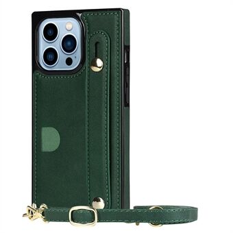 Anti-fingerprint Quality PU Leather and TPU Cover Practical Kickstand Card Slot Design Phone Case with Strap for iPhone 13 Pro Max 6.7 inch