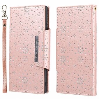 For iPhone 13 Pro Max 6.7 inch Leaf Imprint Glitter Flower Ultra-thin Well-protected Phone Case Detachable PU Leather Wallet Cover