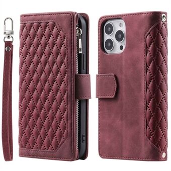 For iPhone 13 Pro Max 6.7 inch 005 Leather Cell Phone Case Bag Rhombus Grid Textured Zipper Pocket Stand Wallet Phone Shell with Strap