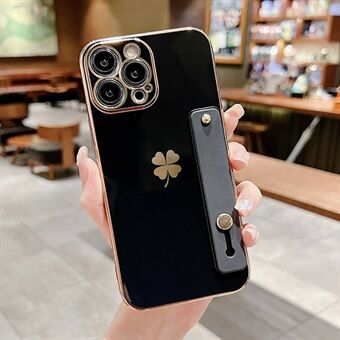 Phone Case for iPhone 13 Pro Max 6.7 inch, Kickstand Wear-resistant Electroplating TPU Phone Back Cover with Four-Leaf Clover Decor