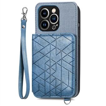 For iPhone 13 Pro Max 6.7 inch Kickstand Phone Wallet Cover Geometry Imprinted PU Leather Coated TPU Protective Case with Hand Strap