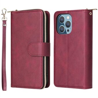 For iPhone 13 Pro Max 6.7 inch Flip Stand Wallet Phone Case PU Leather Magnetic 9 Card Holder Slots Zipper Pocket Cover with Strap