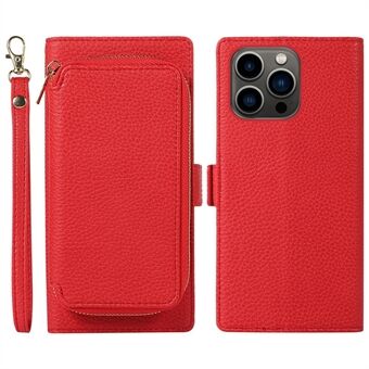 For iPhone 13 Pro Max 6.7 inch Magnetic 2-in-1 Wallet Phone Case Litchi Texture Anti-Drop Case PU Leather Stand Case with Zipper Card Bag / Strap