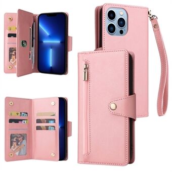 For iPhone 13 Pro Max 6.7 inch Multiple Card Slots Zipper Pocket Wallet  Case Rivet Decor PU Leather Magnetic Closure Handbag Stand Flip Cover with Strap