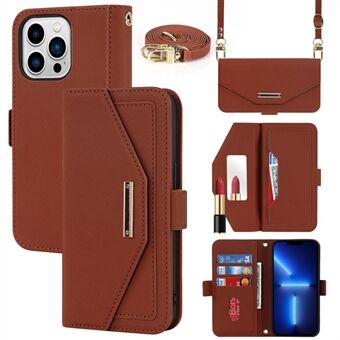 For iPhone 13 Pro Max 6.7 inch Magnetic Closure Cross Texture PU Leather Flip Case Stand Wallet Cover with Inside Makeup Mirror and Shoulder Strap