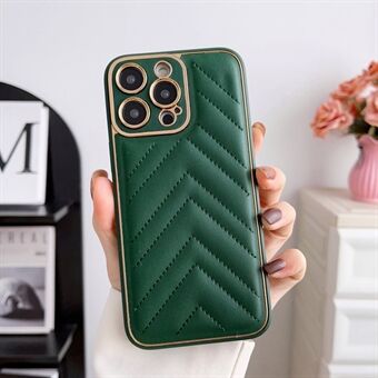 For iPhone 13 Pro Max 6.7 inch V-shape Grid Stitching Line Decor PU Leather Coated TPU Case Electroplating Precise Cutout Lens Protection Phone Cover