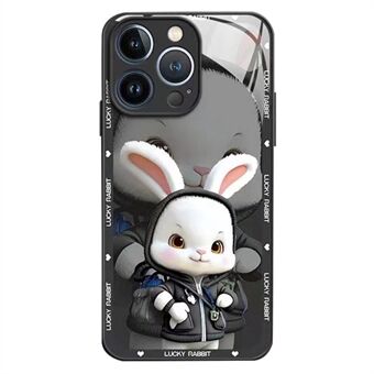 For iPhone 13 Pro Max 6.7 inch Back Cover, Scratch Resistant Cartoon Rabbit with Backpack Tempered Glass+TPU Phone Protective Case