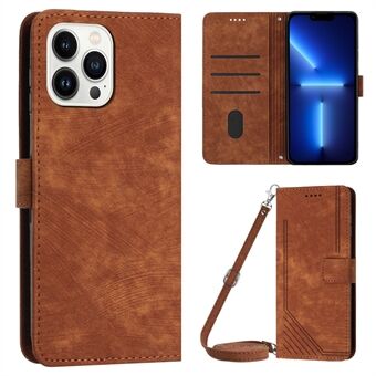 For iPhone 13 Pro Max 6.7 inch PU Leather Wallet Case Lines Imprinted Stand Phone Cover with Long Strap