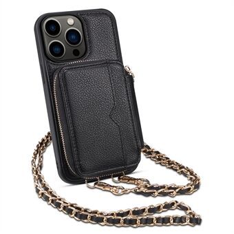 For iPhone 13 Pro Max Card Holder Phone Cover Kickstand Wallet PU Leather+TPU Phone Case with Strap