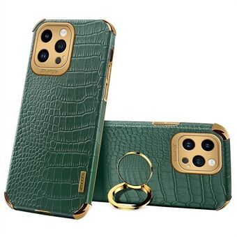 For iPhone 13 Pro Max 6.7 inch Crocodile Texture Leather Coated TPU Phone Case Ring Kickstand 6D Electroplated Shockproof Cover