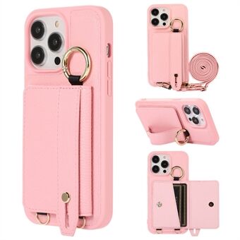 For iPhone 13 Pro Max 6.7 inch Card Holder Hand Strap Phone Cover Leather+TPU Kickstand Case with Shoulder Strap