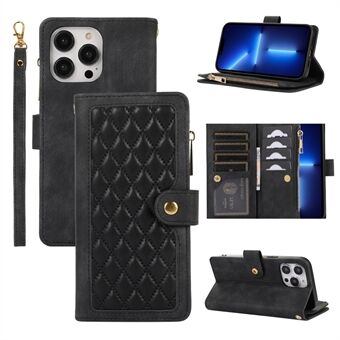 For iPhone 13 Pro Max 6.7 inch Rhombus PU Leather Case Multiple Card Slots Zipper Pocket Stand Phone Cover