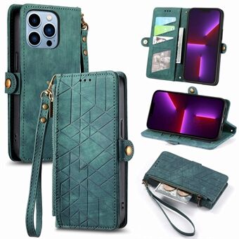 For iPhone 13 Pro Max Zipper Pocket Phone Wallet Case Geometry Imprinted PU Leather Stand Cover