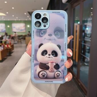 For iPhone 13 Pro Max Milk Tea Panda Pattern Printing Anti-drop Tempered Glass+TPU Case Phone Cover with Lens Film