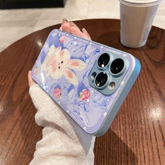For iPhone 13 Pro Max Glass+TPU Phone Case Strawberry Rabbit Decor Metal Paint Design Phone Cover Shell