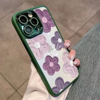 For iPhone 13 Pro Max 6.7 inch Oil Painting Flowers Glitter Camera Ring Phone Case TPU Cover with Lens Film