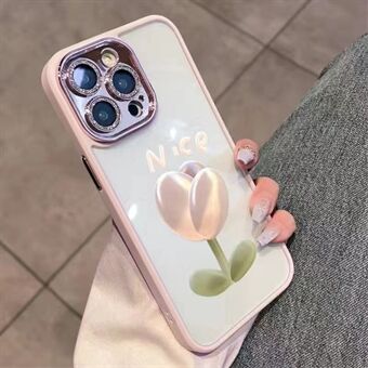 For iPhone 13 Pro Max Cell Phone Cover Glittery Powder Decor Glass+TPU Phone Case with Tulip Pattern