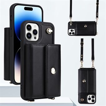 For iPhone 13 Pro Max 6.7 inch Leather Coated TPU Cover Magnetic Button Card Holder Phone Case with Shoulder Strap
