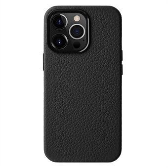MELKCO For iPhone 13 Pro Max 6.7 inch Shockproof Case Metal Lens Frame+Genuine Cow Leather+Microfiber Leather+PC Phone Shell
