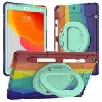 For iPad 10.2 (2019)/(2020)/(2021) P8 Rainbow Color PC + Silicone Hybrid Tablet Case 360 Degree Rotation Kickstand and Shoulder Strap