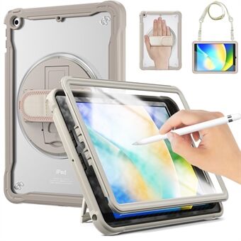 For iPad 10.2 (2021) / (2019) / (2020) Shockproof Case Rotating Kickstand PC+TPU Hand Strap Tablet Cover with Shoulder Strap