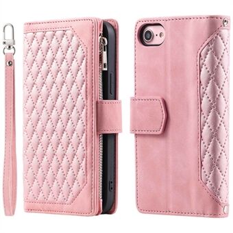 005 Style for iPhone SE (2022) / (2020) / 7 / 8 4.7 inch Rhombus Texture Leather Stand Case with Strap, Zipper Pocket Wallet Protective Phone Cover