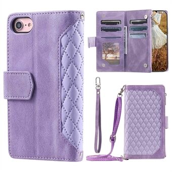 For iPhone 7 / 8 4.7 inch / iPhone SE (2022) / SE (2020) 005 Style Zipper Pocket Rhombus Texture Leather Wallet Stand Phone Case with Shoulder Strap and Hand Strap