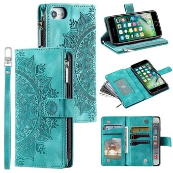 For iPhone 7 / 8 4.7 inch / SE (2020) / SE (2022) PU Leather Zipper Pocket Phone Cover Mandala Flower Imprinted Stand Multiple Card Slots Wallet Case with Strap