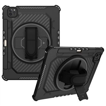 For iPad Pro 11 (2022) / (2021) / (2020) / (2018) / iPad Air (2022) / (2020) Type-A Helmet Protective Tablet Case 360-Degree Swivel Kickstand PC + TPU Shockproof Cover with Hand Grip Strap - Black