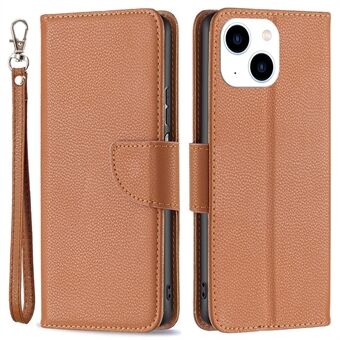 BINFEN COLOR BF Leather Case Series-3 for iPhone 14 6.1 inch Wear-resistant Anti-fall Solid Color Litchi Texture PU Leather Full Covering Cellphone Case Stand Walle with Strap
