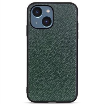 Retro Litchi Texture Phone Case for iPhone 14 6.1 inch, Genuine Leather Coated Soft TPU Hard PC Hybrid Cover