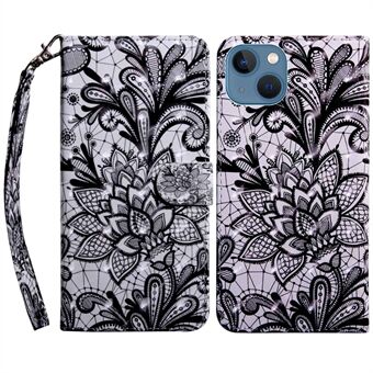 For iPhone 14 6.1 inch PU Leather Case Stand Function 3D Pattern Printed Magnet Closure Wallet Phone Cover with Strap