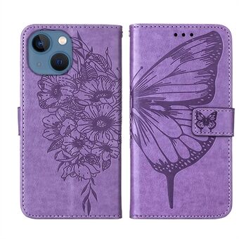 YB Imprinting Flower Series-4 for iPhone 14 6.1 inch Stand Wallet PU Leather Butterfly Flower Imprinted Phone Protective Case