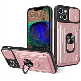 For iPhone 14 6.1 inch Slide Lens Protection Design Kickstand Case Hard PC  Soft TPU Impact-Resistant Cover with Card Holder