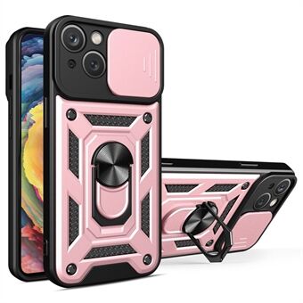 For iPhone 14 6.1 inch Slide Camera Cover Hard PC + TPU Ring Kickstand Phone Shell Case