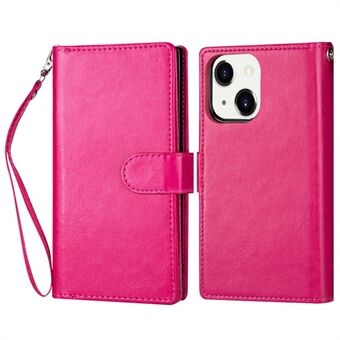 For iPhone 14 6.1 inch Detachable Wallet Case 9 Card Slots Holder PU Leather Stand Flip Magnetic Protective Cover with Wrist Strap