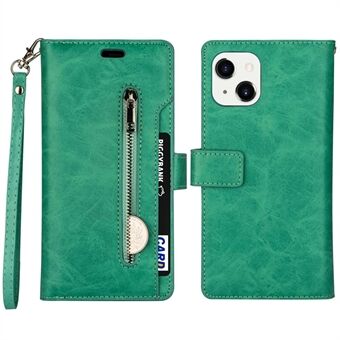 For iPhone 14 6.1 inch Multifunctional Wallet Case PU Leather Flip Stand Zipper Card Holder Phone Cover with Strap