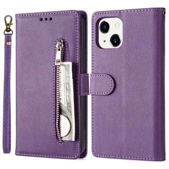 For iPhone 14 6.1 inch Zipper Pocket Design Textured Anti-fingerprint PU Leather + TPU Phone Case Cover with Stand Wallet