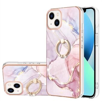 For iPhone 14 6.1 inch YB IMD Series-10 Marble Pattern Electroplating Case Ring Grip Kickstand Soft TPU IMD Phone Cover