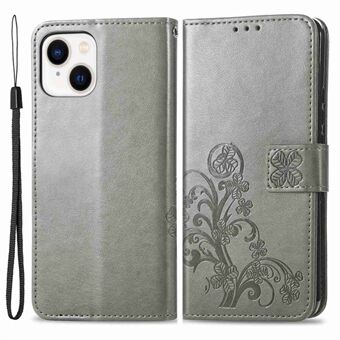Four-leaf Clover Pattern Imprinted Case for iPhone 14 6.1 inch, Wallet Stand PU Leather Magnetic Clasp Phone Cover with Strap