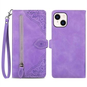 For iPhone 14 6.1 inch Zipper Pocket Imprinted Leather Phone Case Foldable Stand Wallet Flip Cover