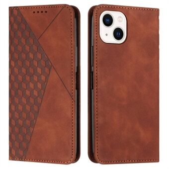 Rhombus Pattern Imprinted Phone Case for iPhone 14 6.1 inch, Wallet Stand Skin-touch PU Leather Folio Flip Cover